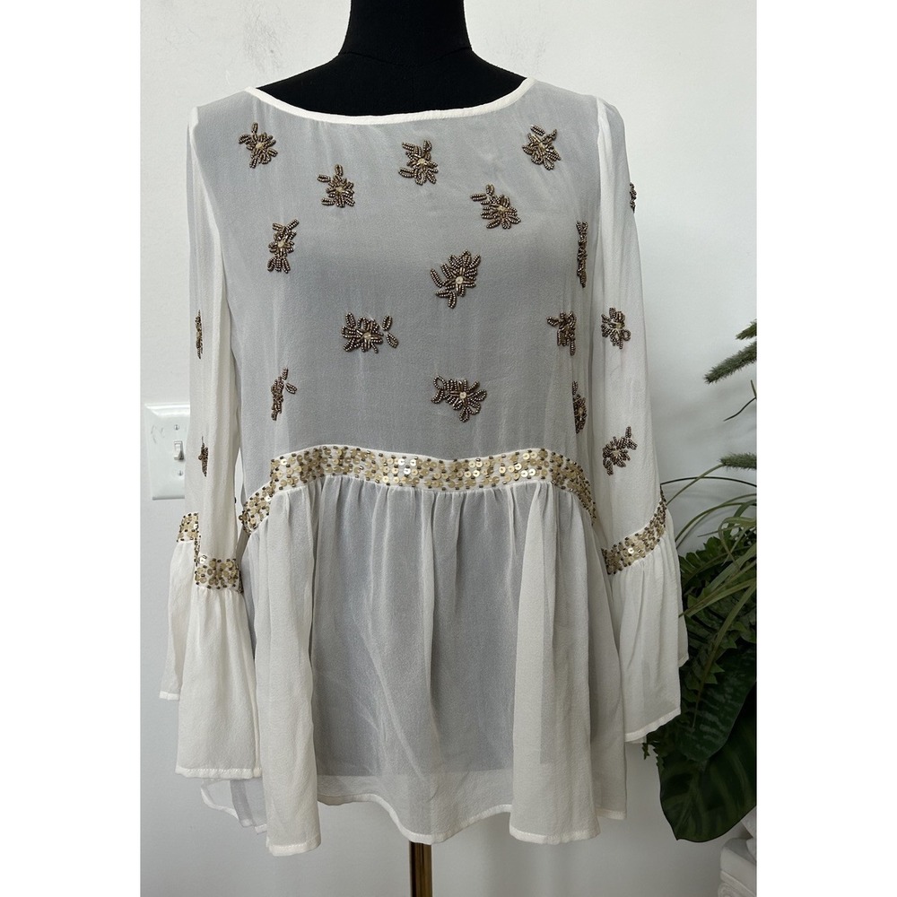 Sundance Beaded Silk Tunic Ivory Boho Bell Sleeves Flare Women's Oversize Sz M